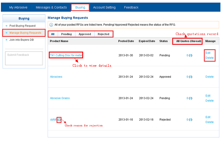 'Buying' Overview - Manage Buying Requests