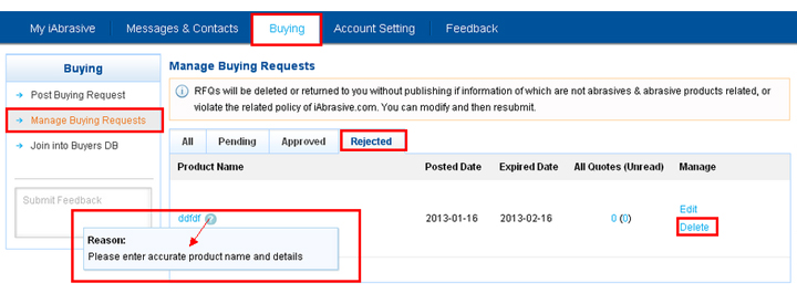 Edit or delete rejected buying request