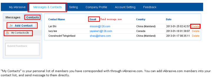 Contacts Overview in 'My iAbrasive'