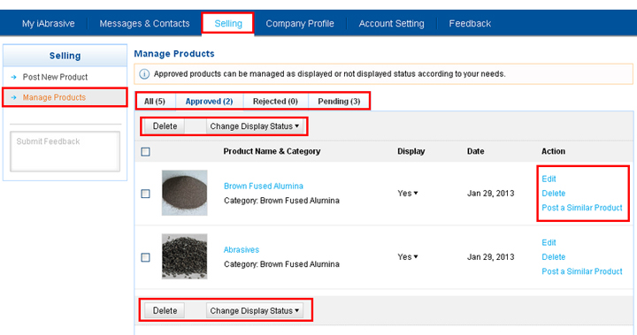 'Selling' Overview - Manage Products